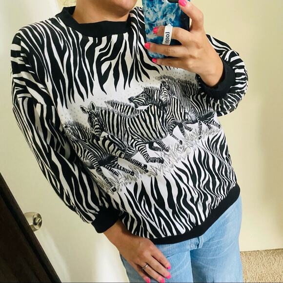 80s Vintage Zebra Sweatshirt 1980 Animal Print Wild Large - Picture 1 of 4